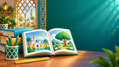 كتاب مفتوح برسوم مدينة مغربية وشجرة أمام نافذة مزخرفة — الدعم المكثّف، المستوى 2