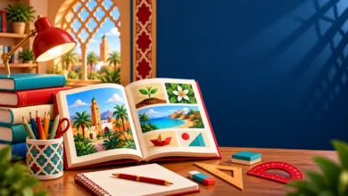 كتاب مفتوح ومصباح مكتب ودفتر وأدوات هندسة — الدعم المكثّف، المستوى 5